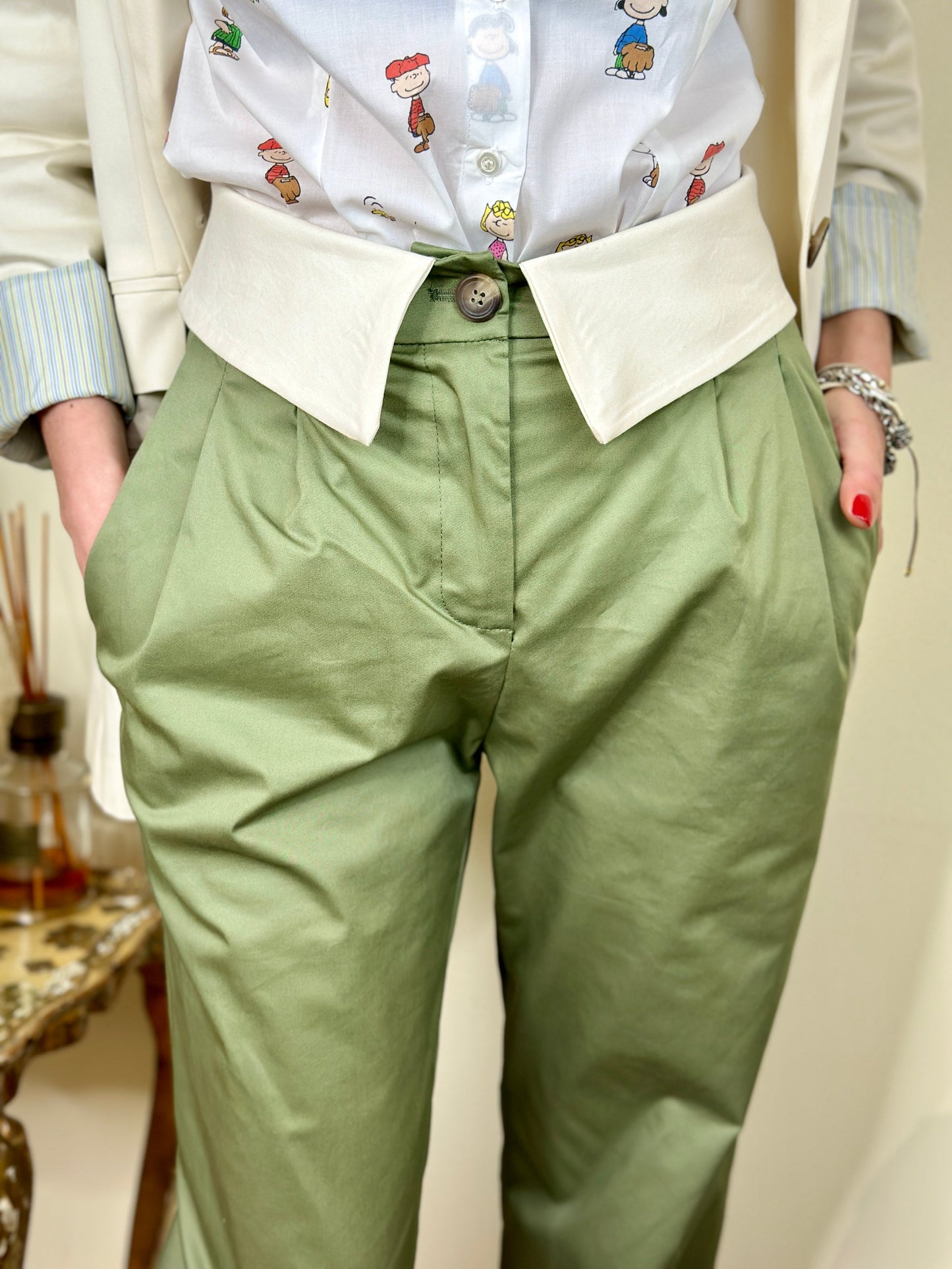 D'Elle pantalone con risvolto in vita (disponibile verde e cammello)